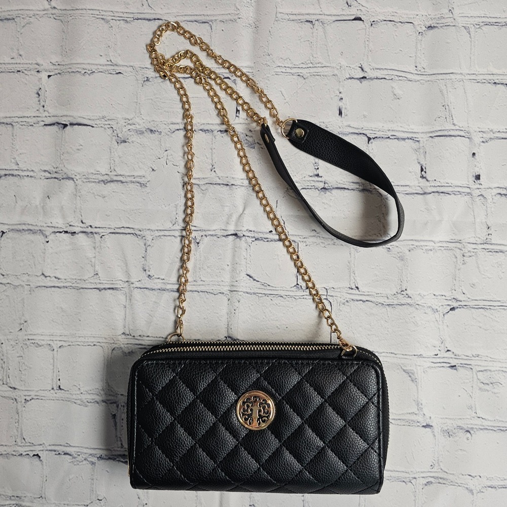 Black Quilted Double Zip Crossbody Wallet Bag Gold Chain Strap Filigree Emblem